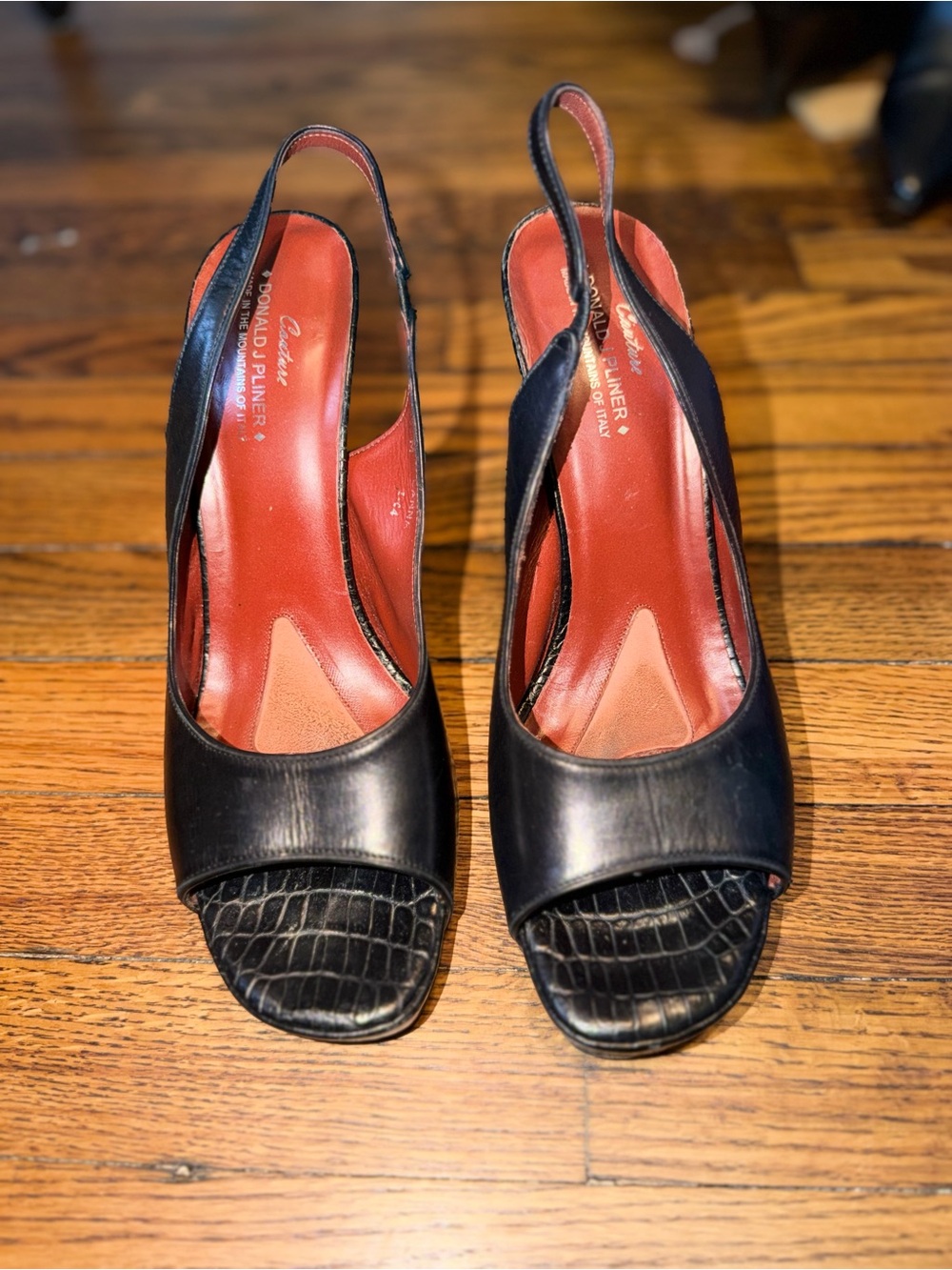 Donald J Pliner Couture Black Leather Croc Embossed Slingback sz 11
